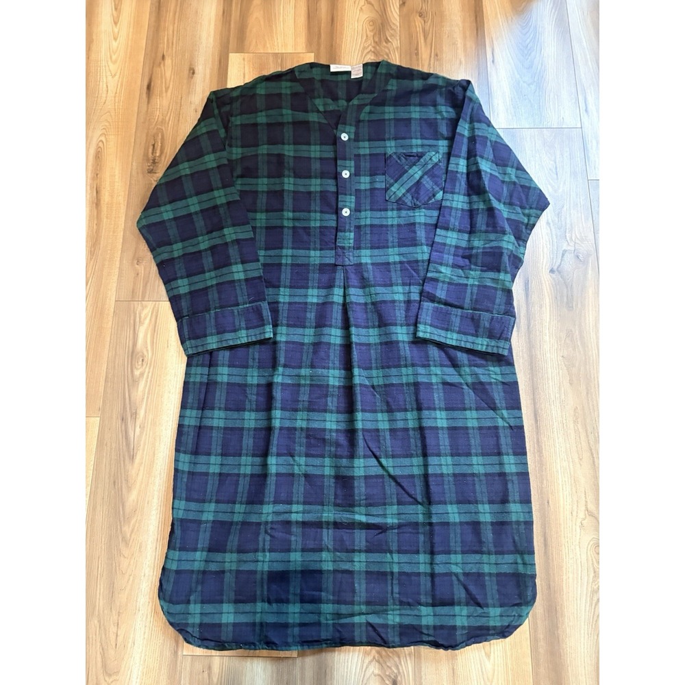 Vermont Country Store Green Plaid Gingham Flannel Nightgown L Holiday Lounge